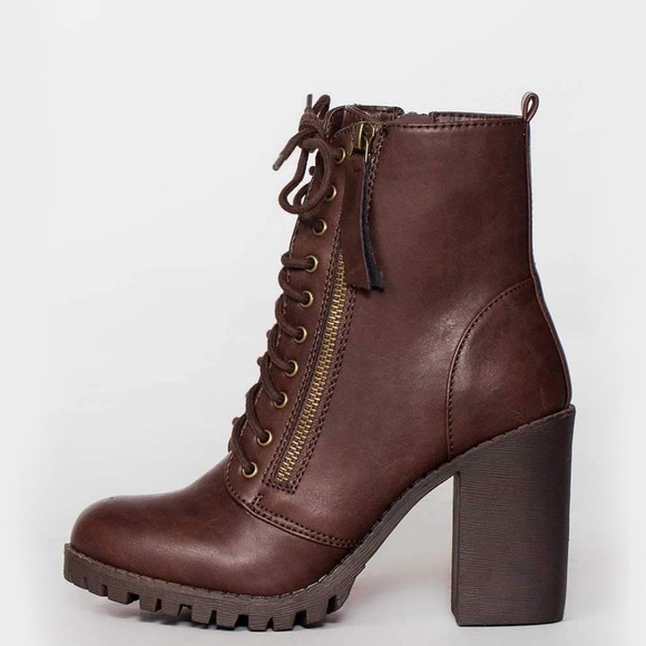 New Brown Lace Up Combat Ankle Booties Boots Chunky Block Heel Lug Sole Platform - Picture 3 of 5